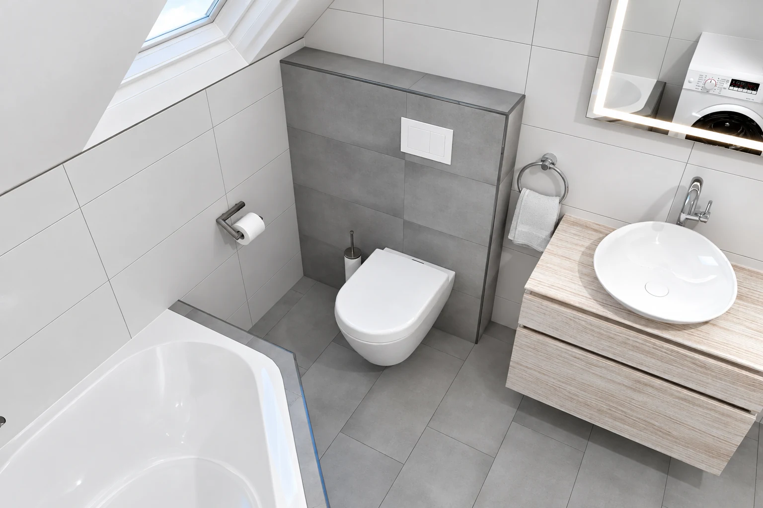3D-Planungsbeispiel eines Badezimmers mit Dachschr&auml;ge